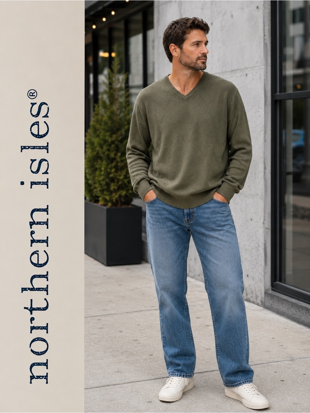 Northern Isles Men's V-Neck Sweater in Olive
